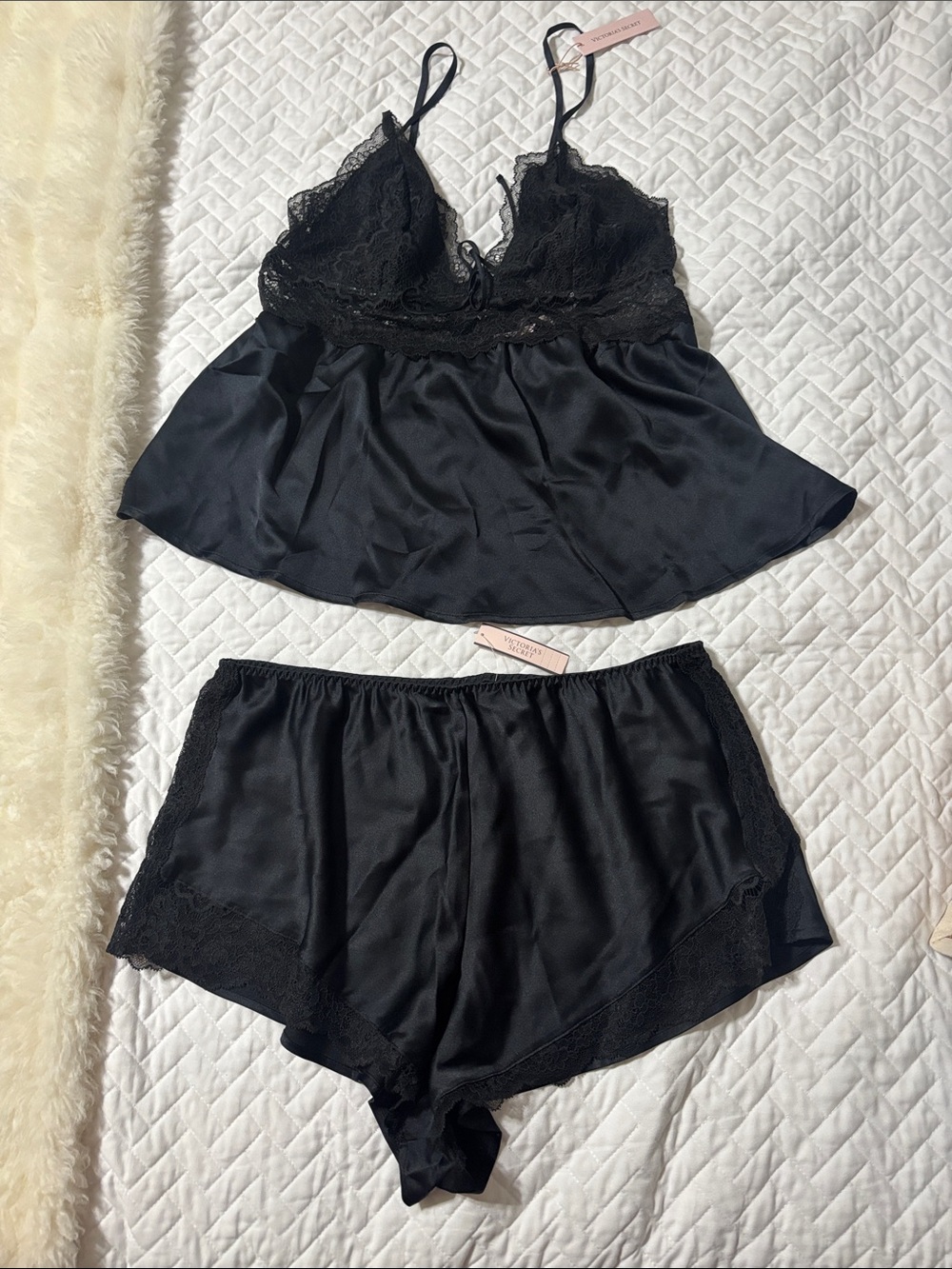 NWT Victoria's Secret Black Satin Lace Cami & Shorts Pajama Set
